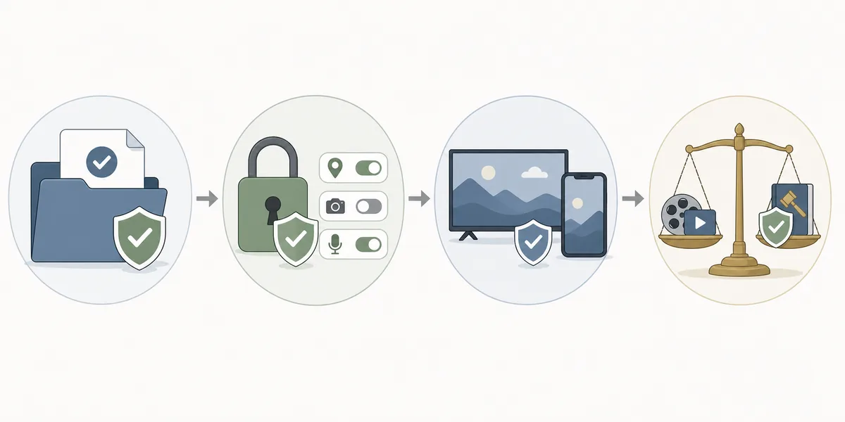 Text-free editorial safety flow showing source, permissions, device fit, and legal content checks