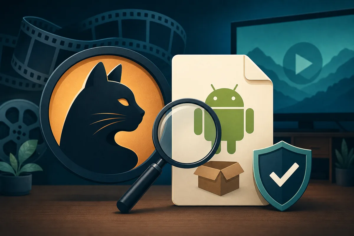Editorial illustration of Cinegato APK source and package verification