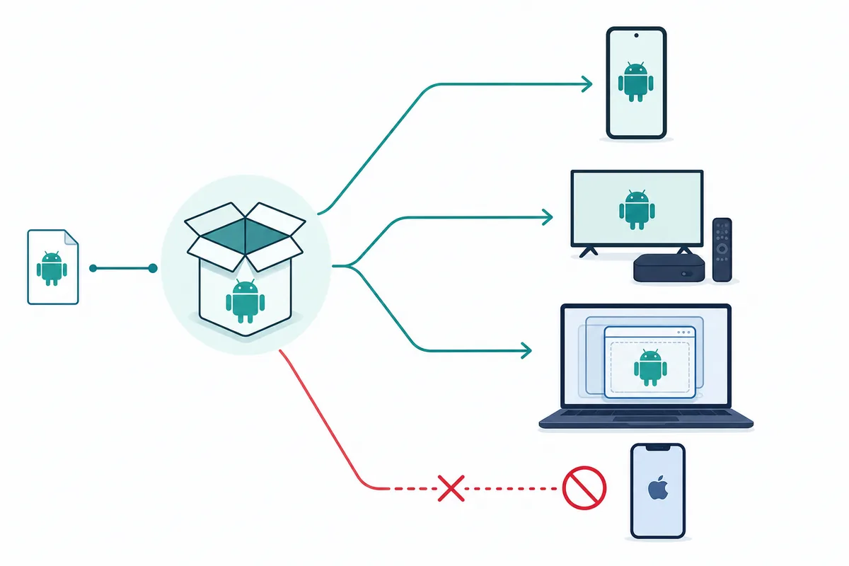Editorial diagram of Cinegato APK routes for Android phone, TV box, laptop emulator and blocked iOS path