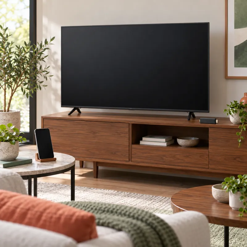 Concept illustration of a television, streaming device, and phone as separate hardware