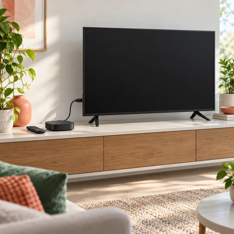 Concept illustration of a separate streaming box connected to a television by HDMI
