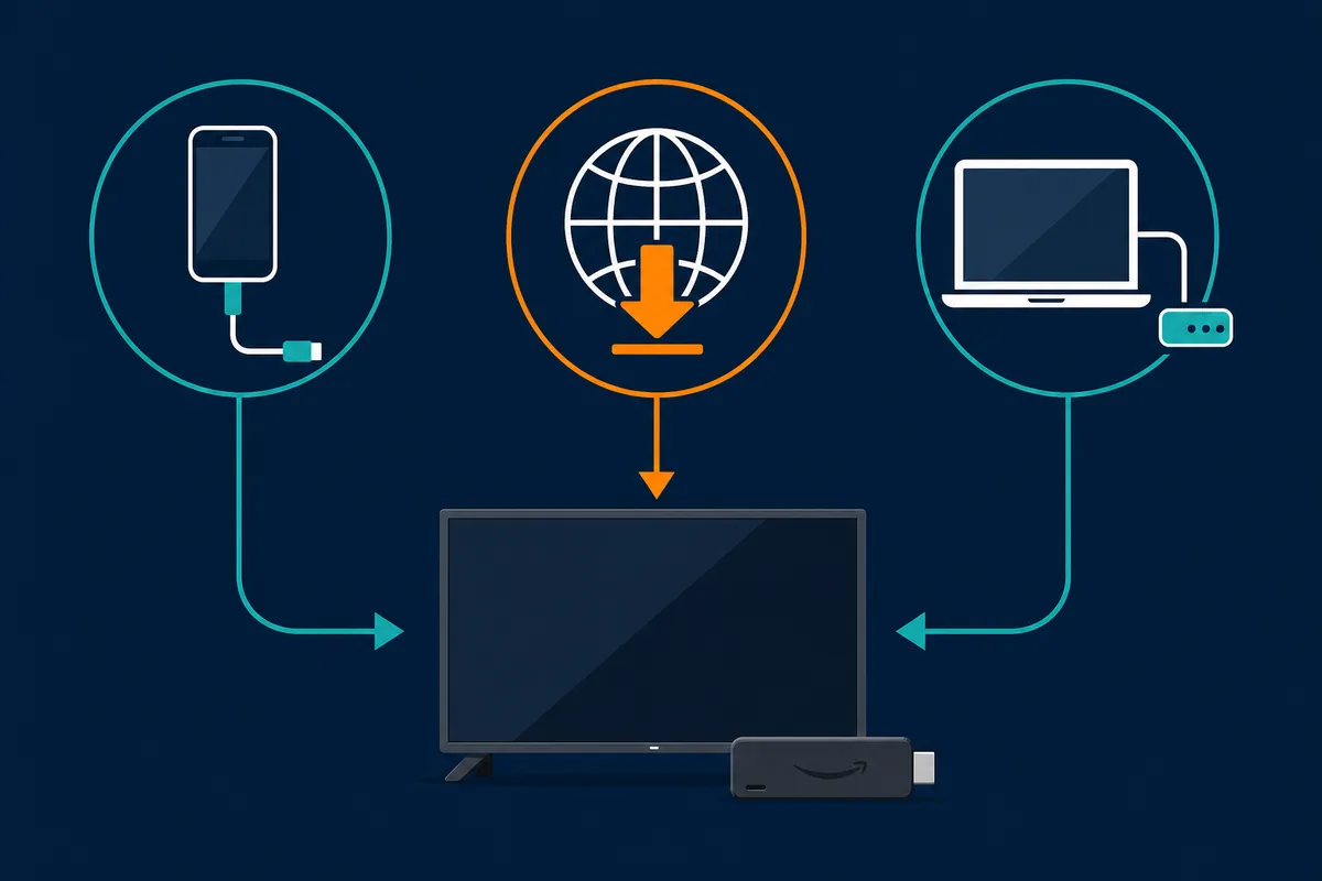 Editorial comparison diagram of phone transfer, Downloader, and ADB routes into a Fire TV device