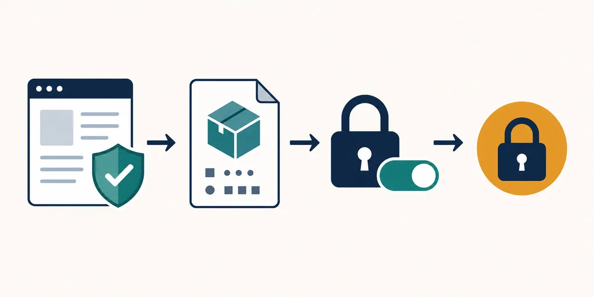 Editorial safety flow showing source verification, APK details, permission control, and cleanup