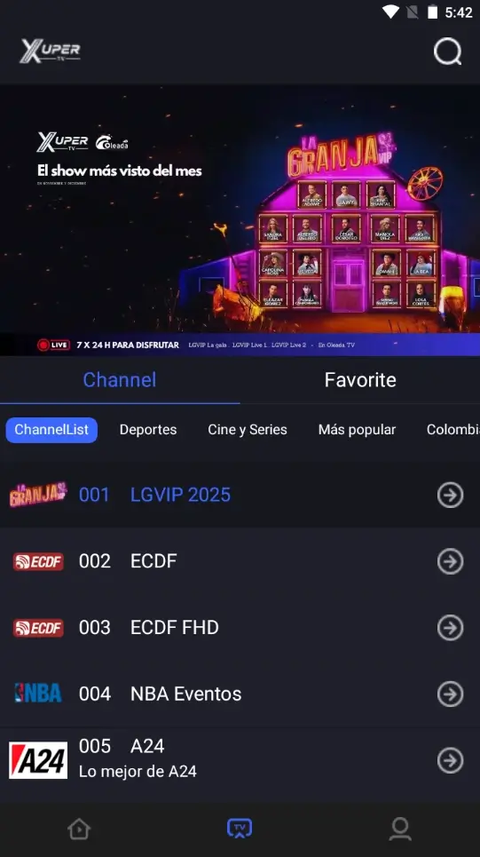 Vorhandene Xuper-TV-Ansicht einer Kanalliste
