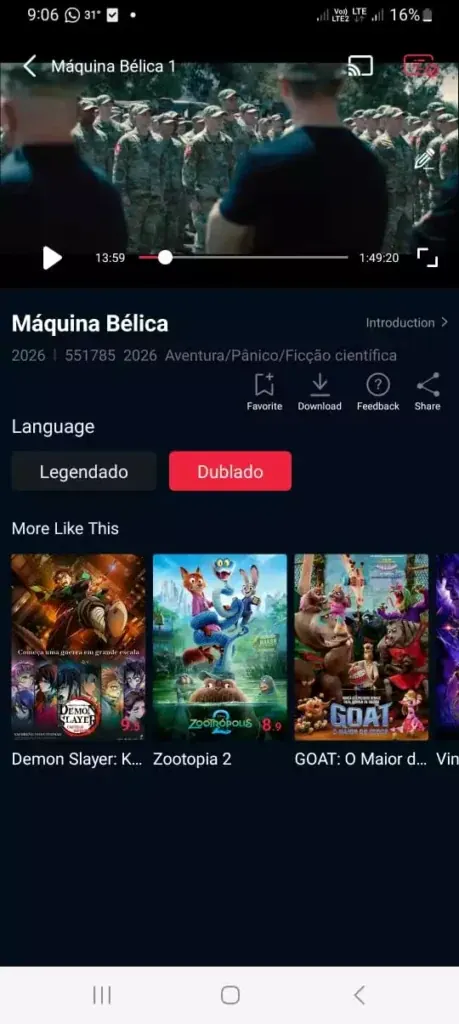 DeepCine APK movie detail screen with watchlist and HD quality labels