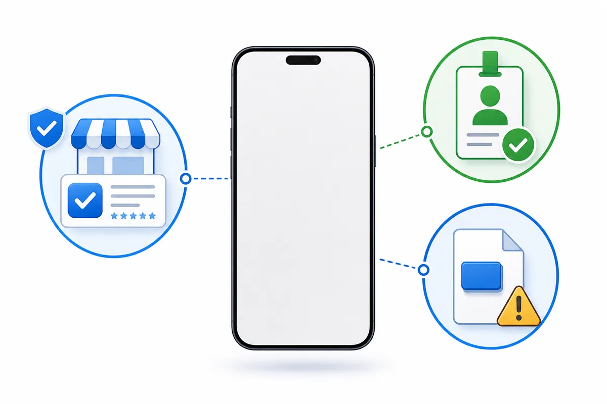 Concept diagram of iOS app listing checks for developer, category, and file type