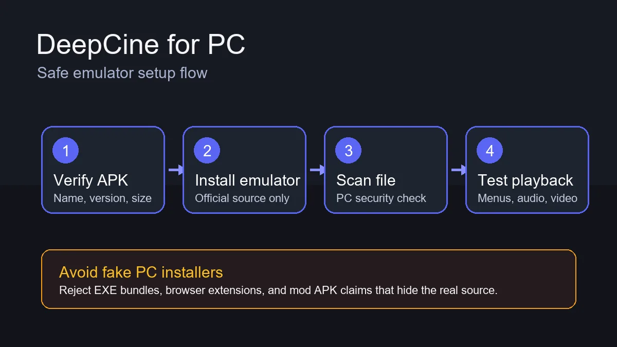 Fluxo de instalação do DeepCine para PC com verificação do APK e teste de reprodução