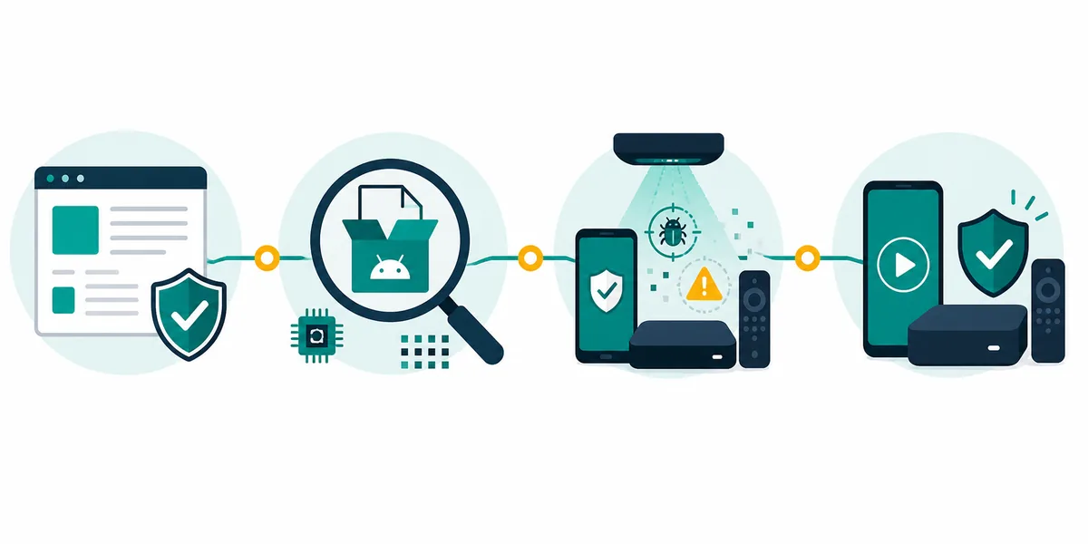 Editorial flow from source page to APK inspection, security scan, and cautious first launch on Android TV