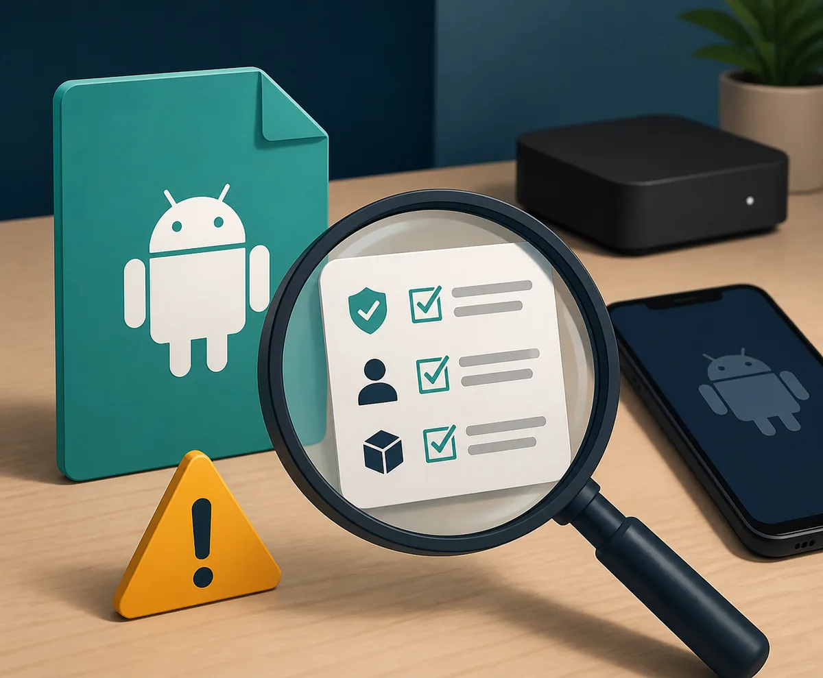 Editorial illustration of an Android APK source and version check with a phone and TV box