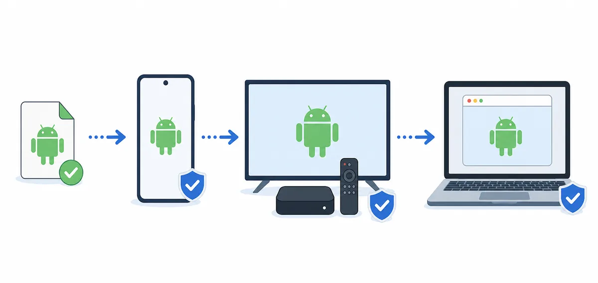 Editorial diagram showing DeepCine version checks branching to Android, TV, and PC emulator routes