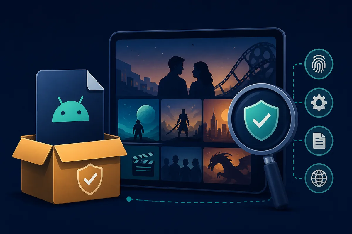Editorial illustration of a DeepCine APK version record being checked against source and device details
