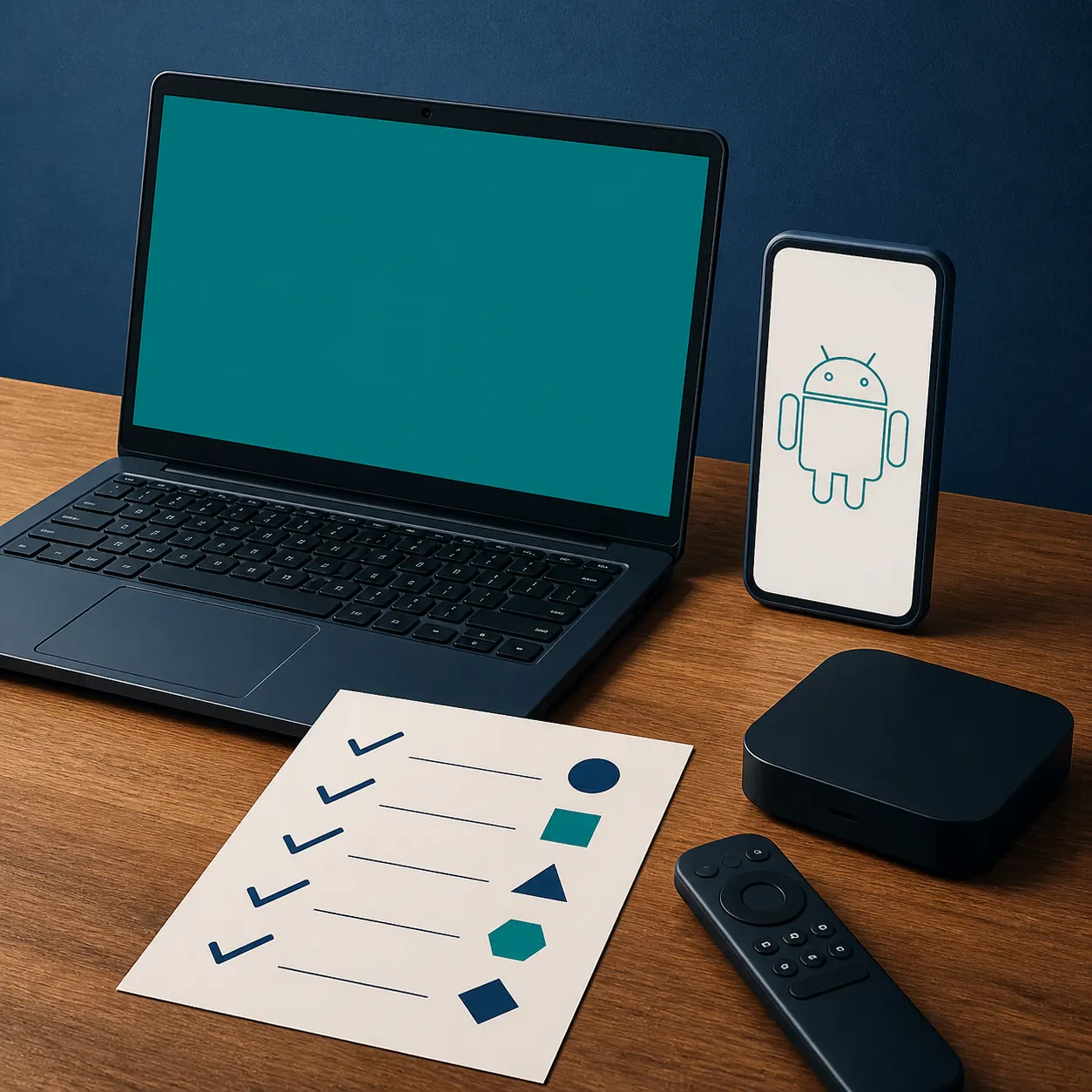 Konzeptillustration mit Laptop, Android-Gerät, TV-Box, Fernbedienung und APK-Prüfliste