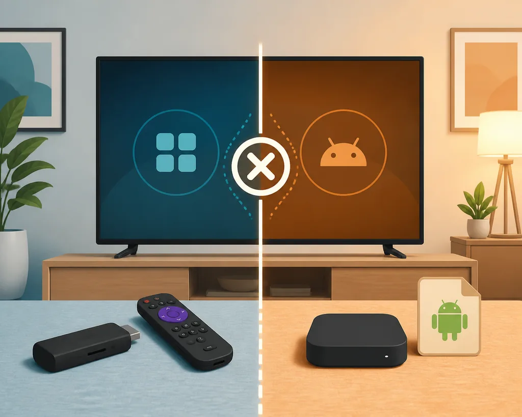 Concept illustration comparing a Roku streaming route with an Android APK device route