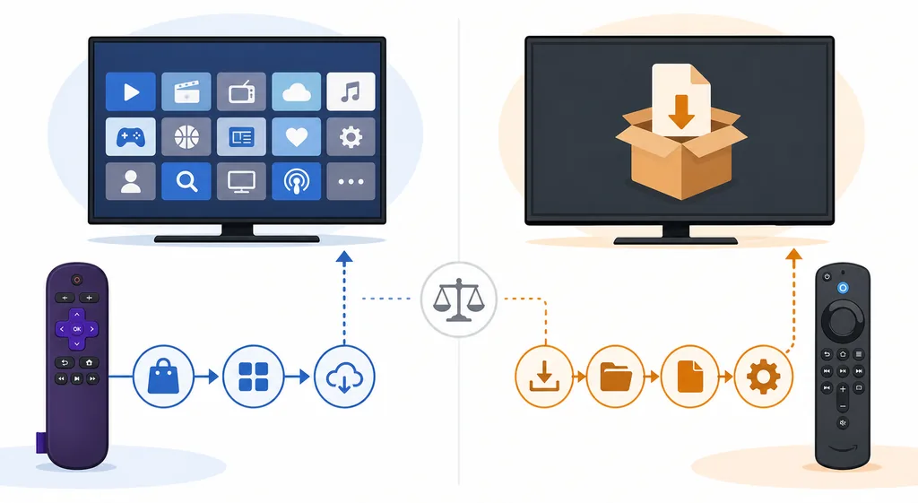 Conceptual comparison of a Roku channel route and an Android APK route