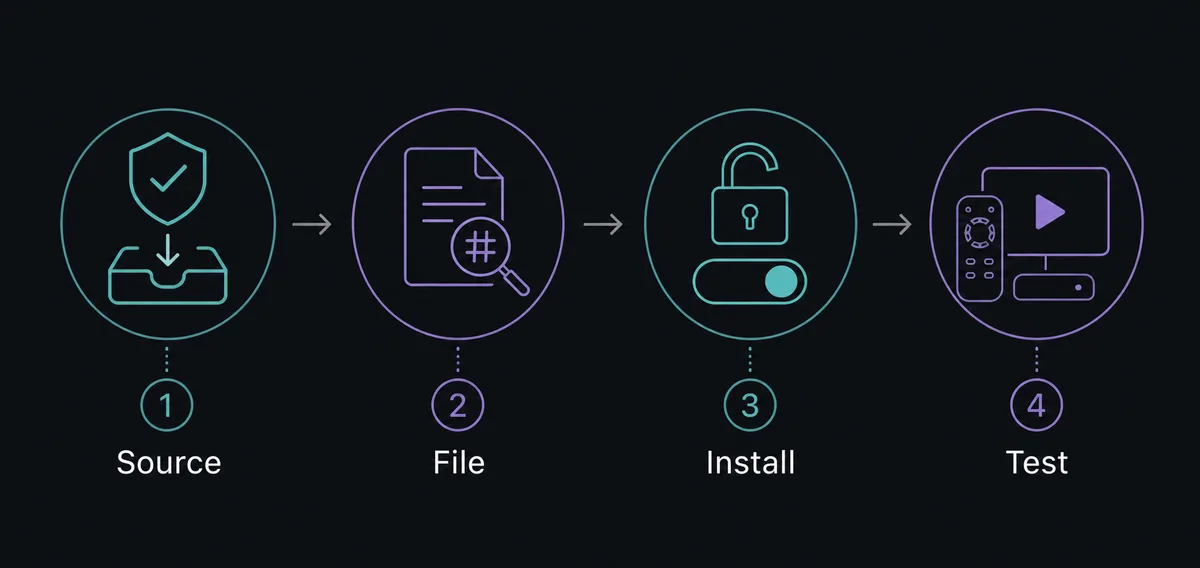 Four-step editorial flow for checking source, APK file, install permission, and TV playback
